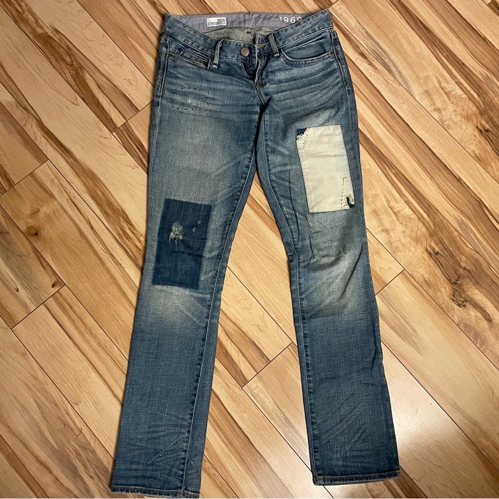 Gap 1969 Real Straight Patch Work Distressed Jeans - image 1